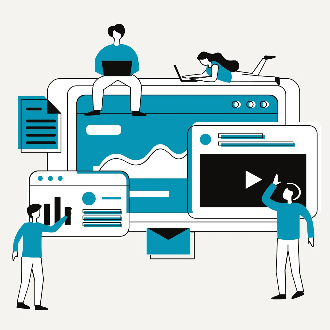 Illustration of people building an online database